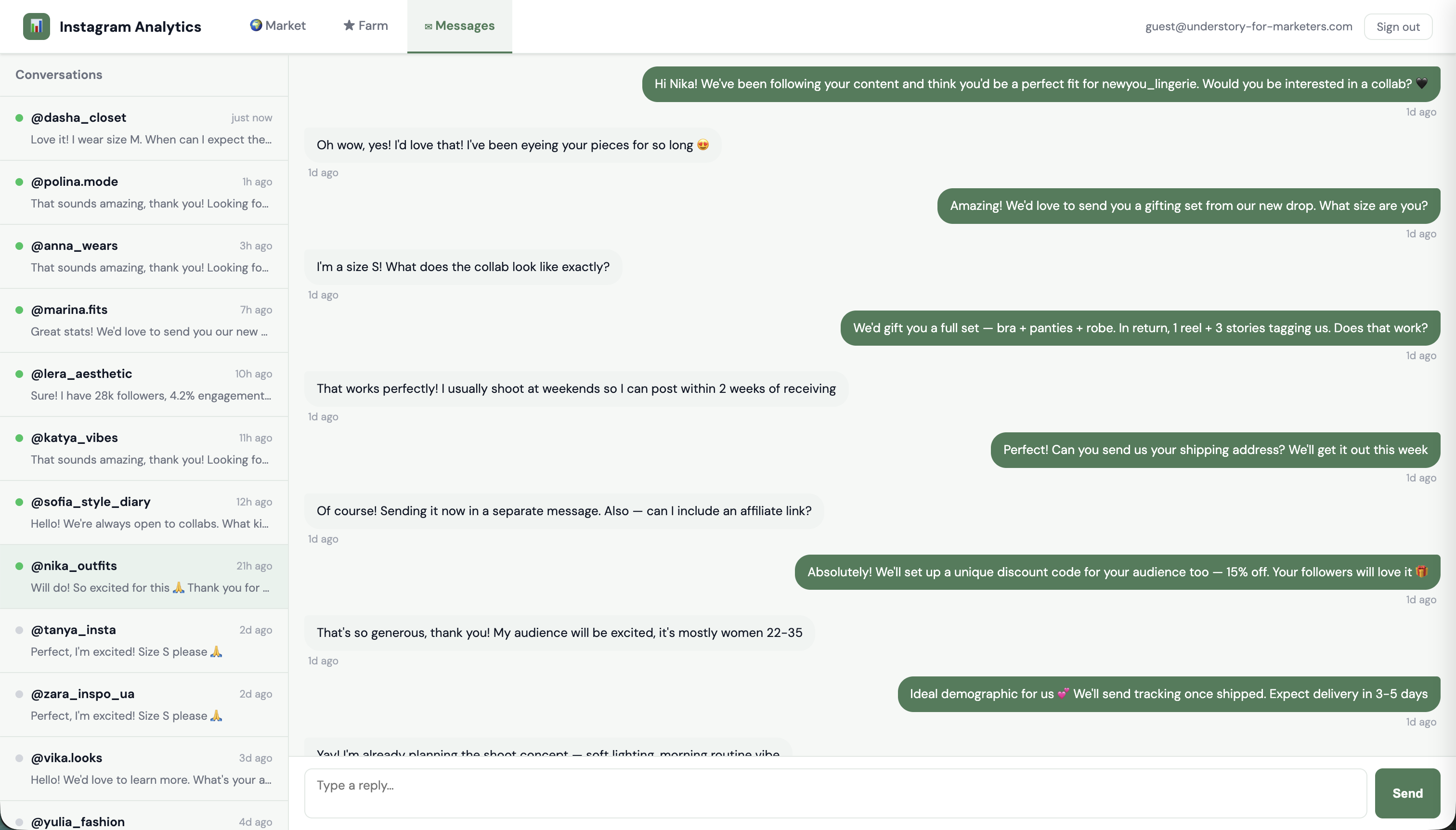 Creator messages dashboard screenshot